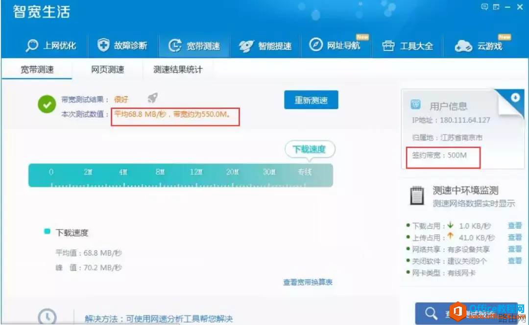 电脑宽带100M,200M,500M,1000M，带宽测速参照表，测试结果